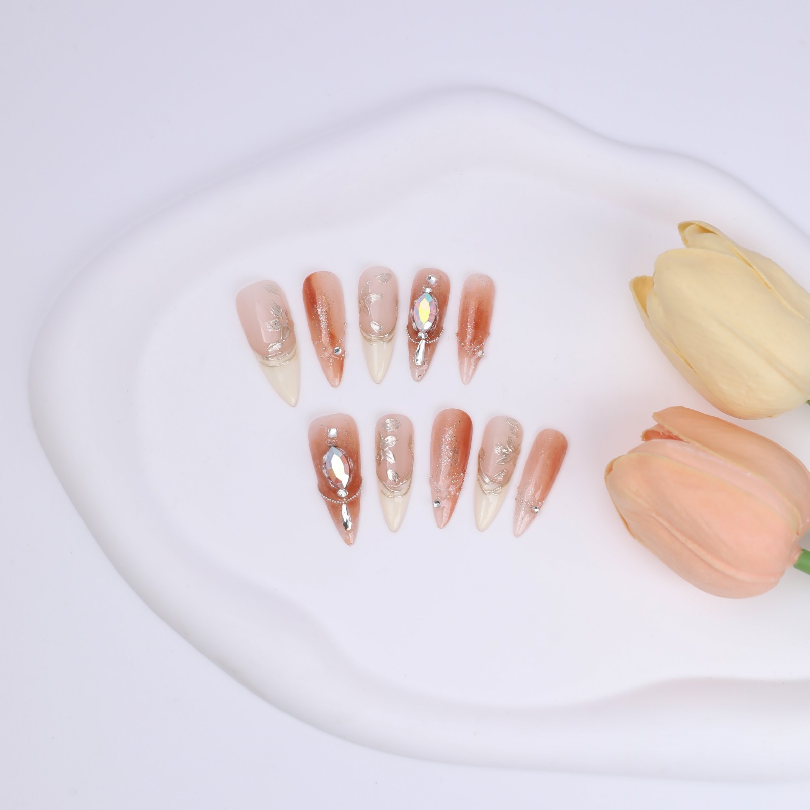 Honey Tea Pink Brown Ombre Press On Nails Medium Stiletto Gold Foil Rhinestone