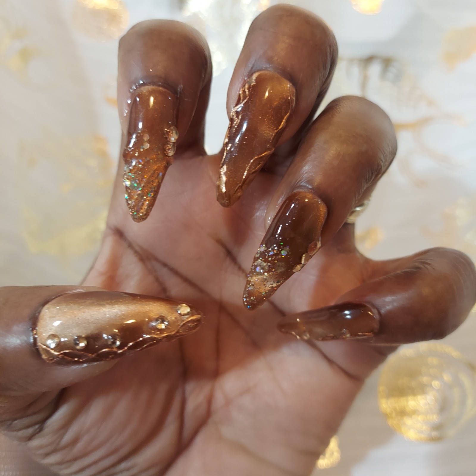 Brown Cat Eye Nails, Gold Chrome Nails