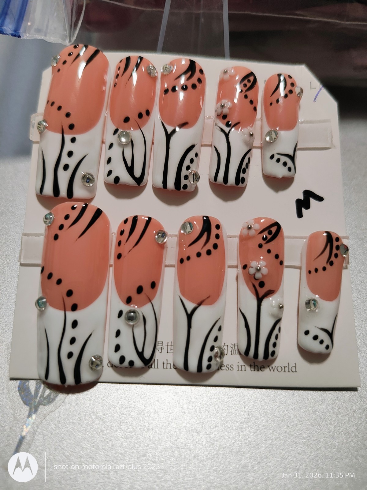 Medium Square Peach White Black 3D Floral Rhinestone Press-On Nails Full Cover