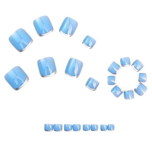 Summer Press on Toe Nails – Silver French Fake Toenails – Short Square Design 1