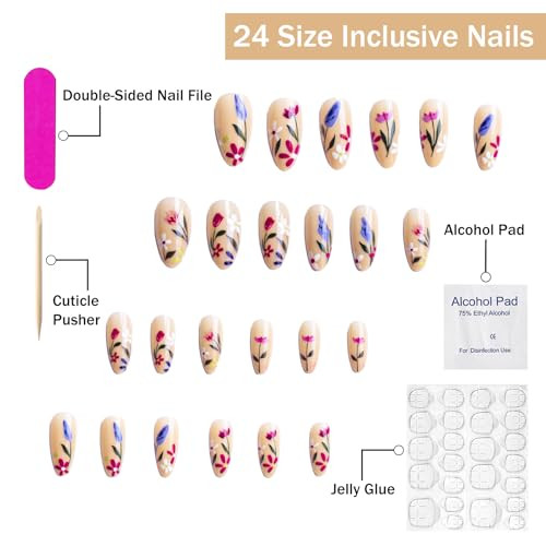 Flower Press on Nails Short Almond SWEKKE Nude Fake Nails False Almond Nails32