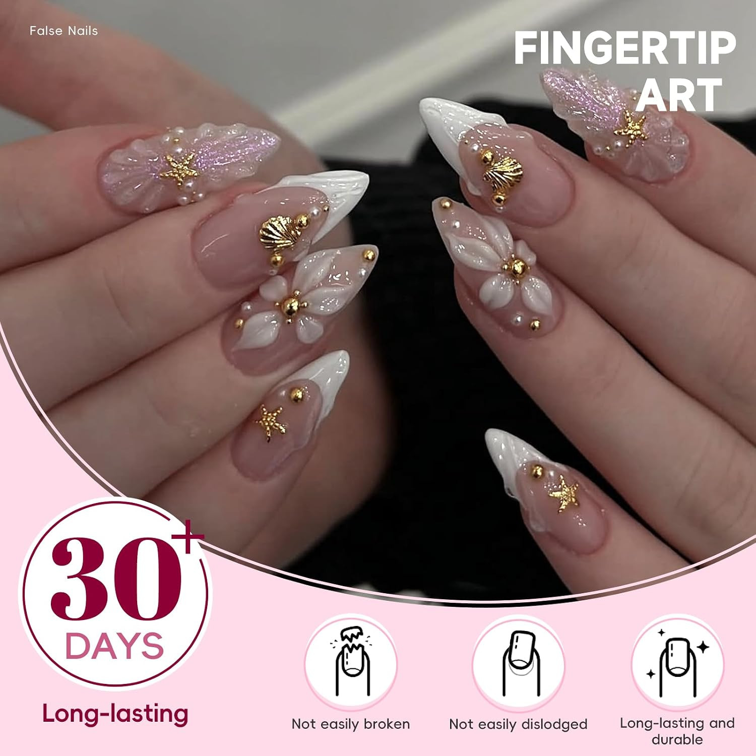 3D White Flower Press on Nails Medium Almond Spring Summer Vacation Fake Nails w