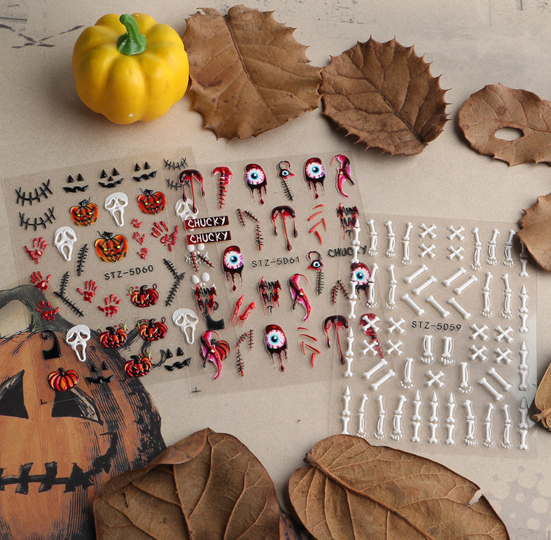 Nail Art Sticker Halloween Eye Blood Skull Skeleton Pumpkin 5D Embossed DIY NS40