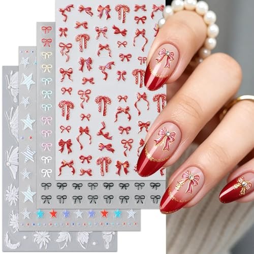 Valentines Red Bow Nails Stickers 3D Star Flower Flower Bow Nails Stickers