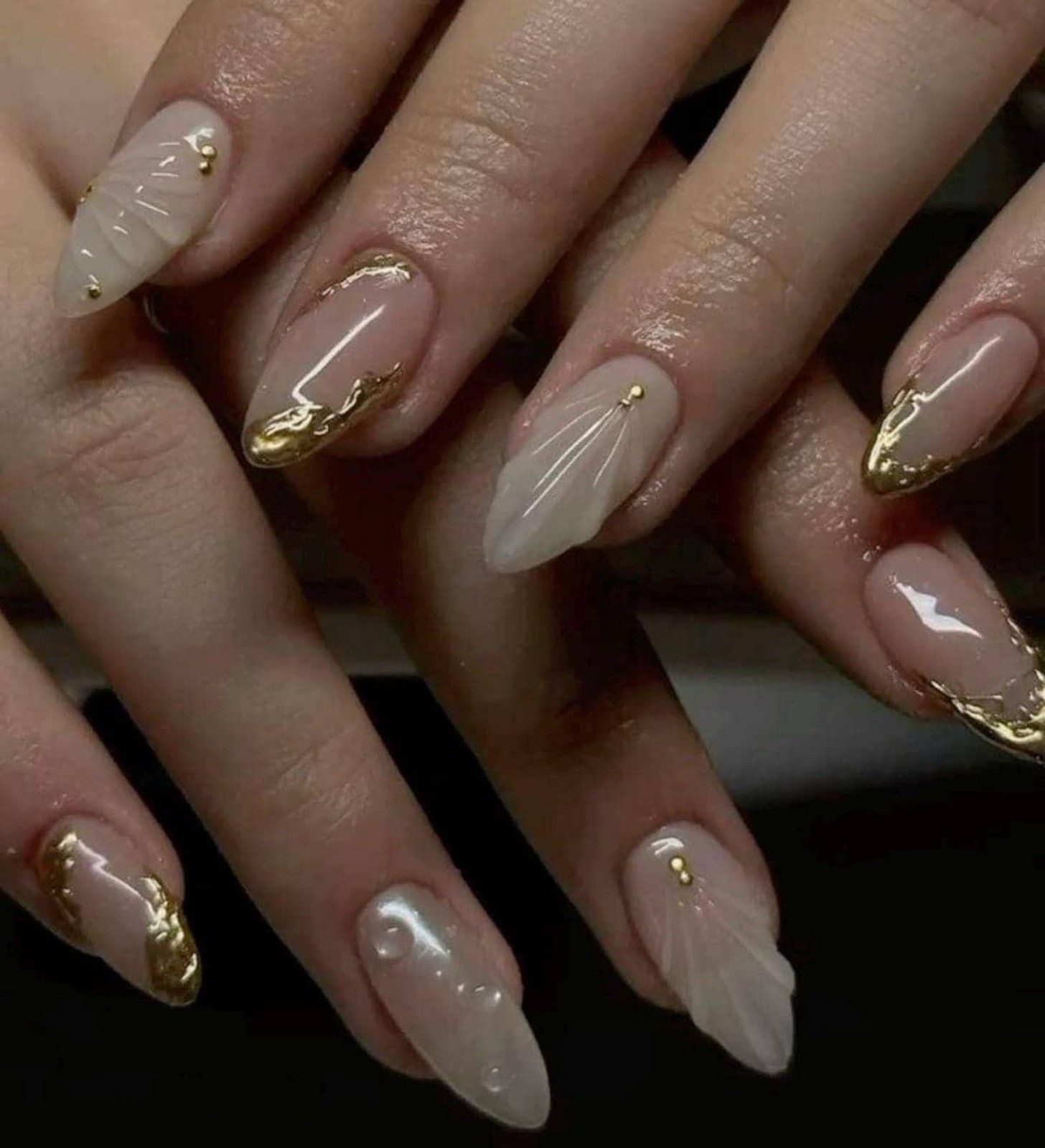 Handmade Sheer Nude 3D Wing Gold Foil Tip Long Almond Press on Nails Set