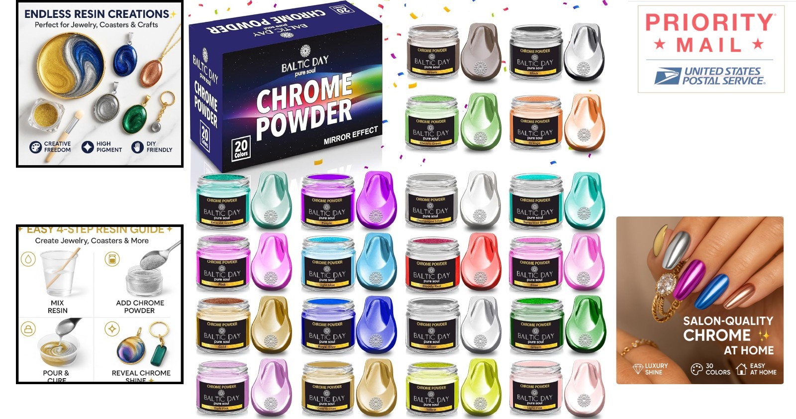 Chrome Pigment Powder Set 20 Vibrant Colors Non Toxic for Nail and Resin Art