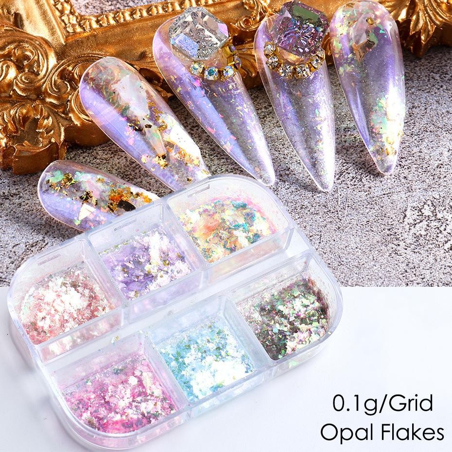 6 Grid Nail Glitter Sequins Set with Aurora Powder & Iridescent Opal for Nails
