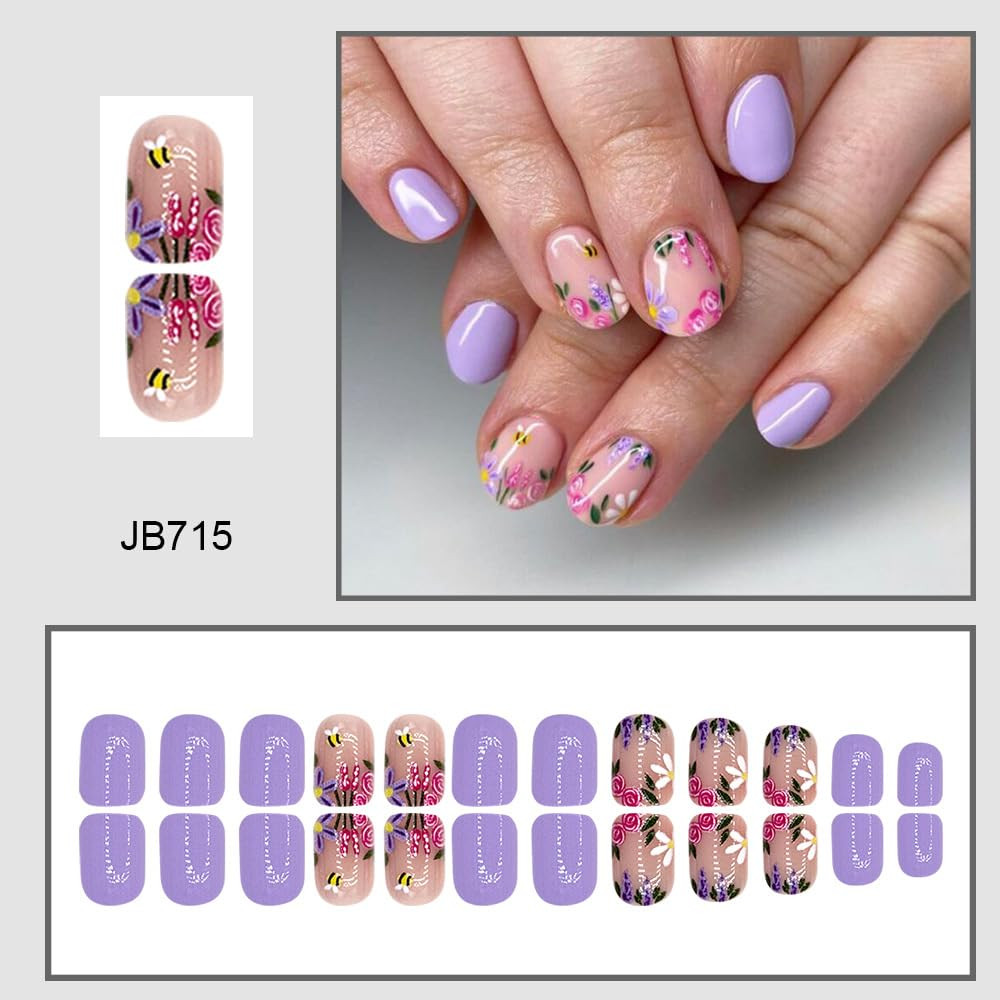 Purple Flower Press on Nails Short Almond Spring Fake Nails with Purple Flower B