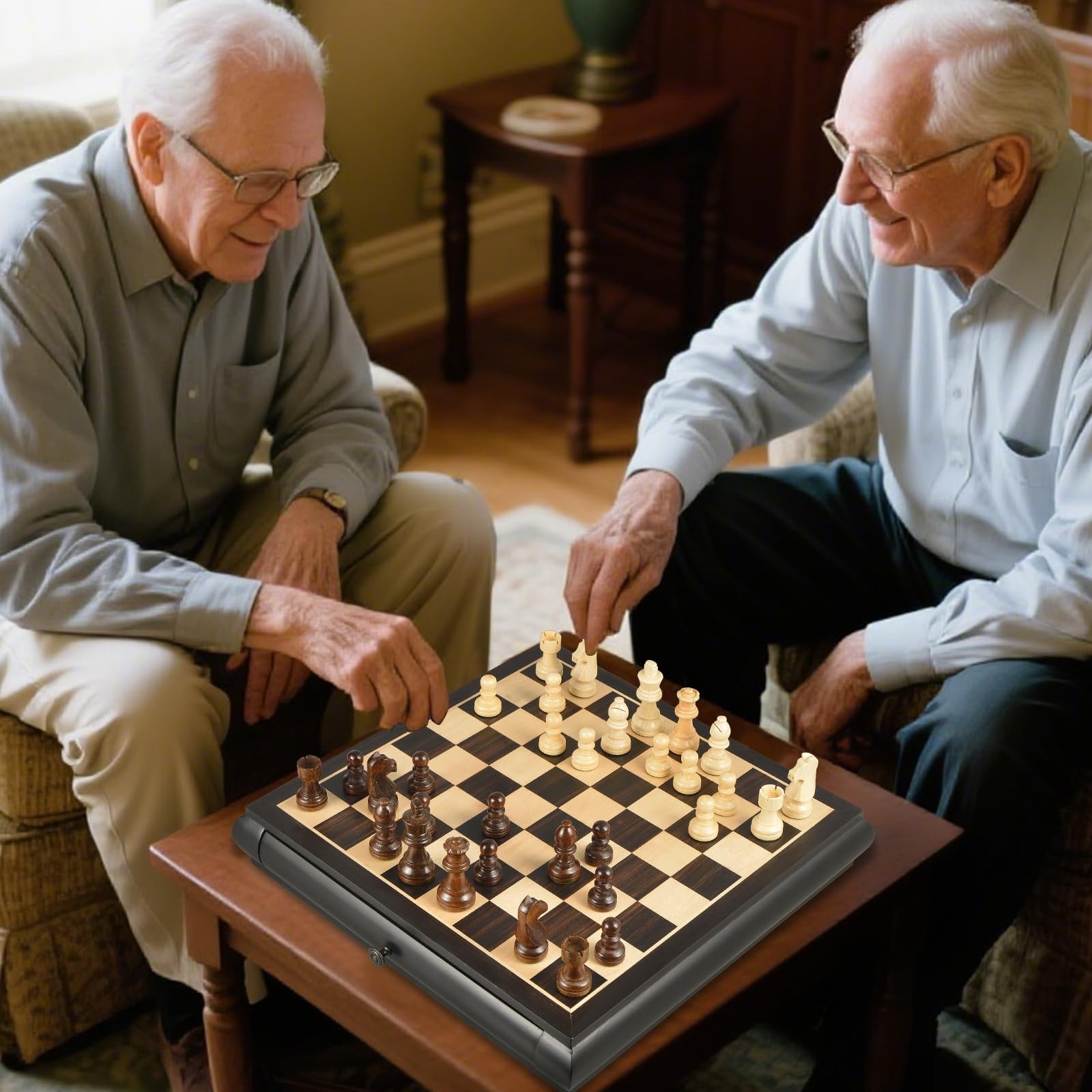 VAMSLOVE Wooden Chess Checkers Game Set 15.5″ L x W x 2.5″ H, Black