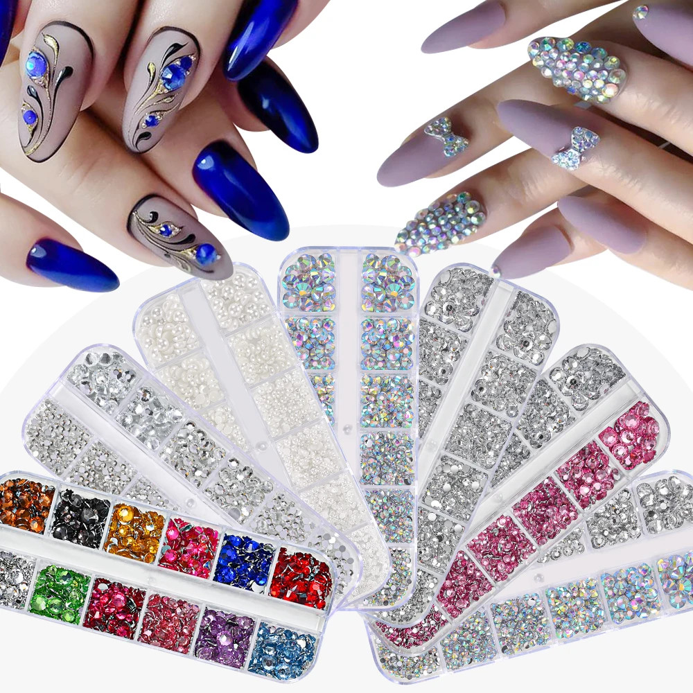 12grids Half Round Pearls Beads 3D Nail Charms 1.5/2/2.5/3/4/5mm White Flatback