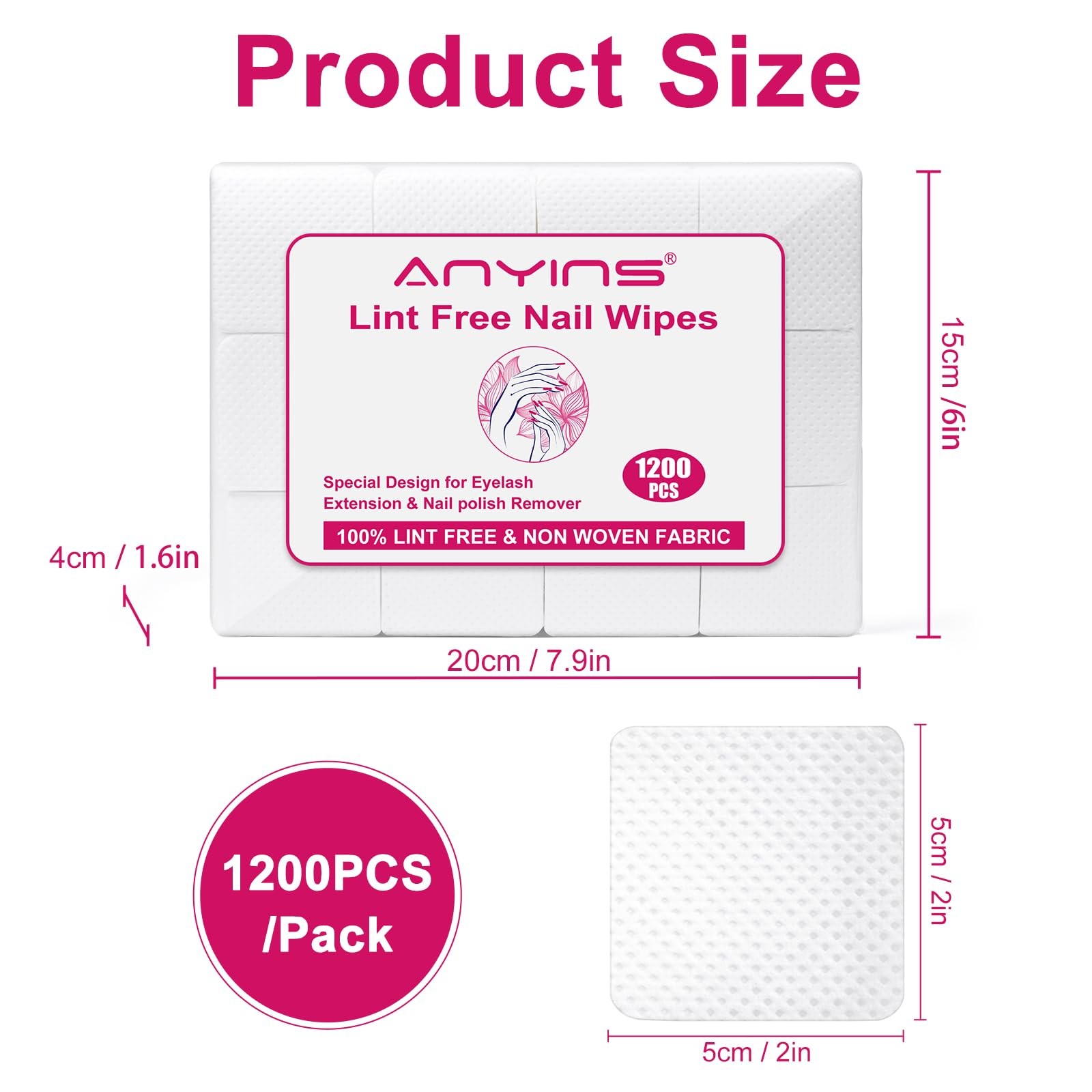 ANYINS Lint Free Nail Wipes, 1200PCS Non-Woven Fabric Cotton Pads for B-White