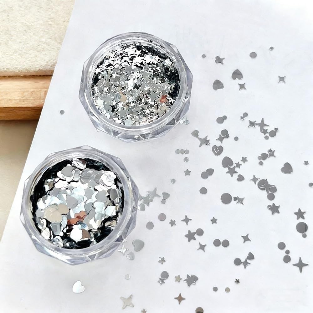 4 Jars Silver Glitter for Nails Design Shiny Nail Glitter Flakes Sparkling Si…