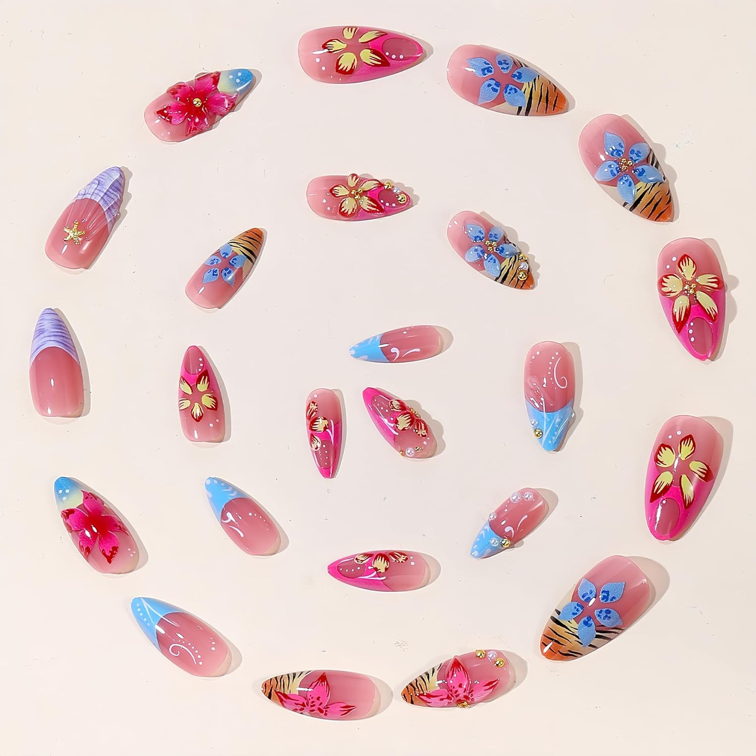 24Pcs Flower Press on Nails Medium Almond Fake Nails with 3D Colorful Floral Gol