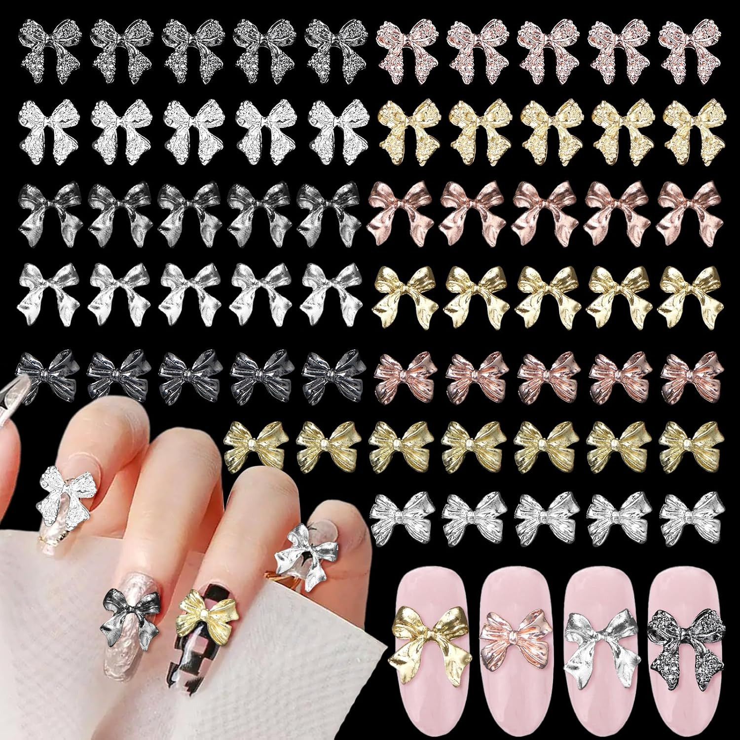 60 Pcs Metal Bow Nail Gems, 3D Alloy Bow Kont Nail Charms – 12 Styles Silver, Go