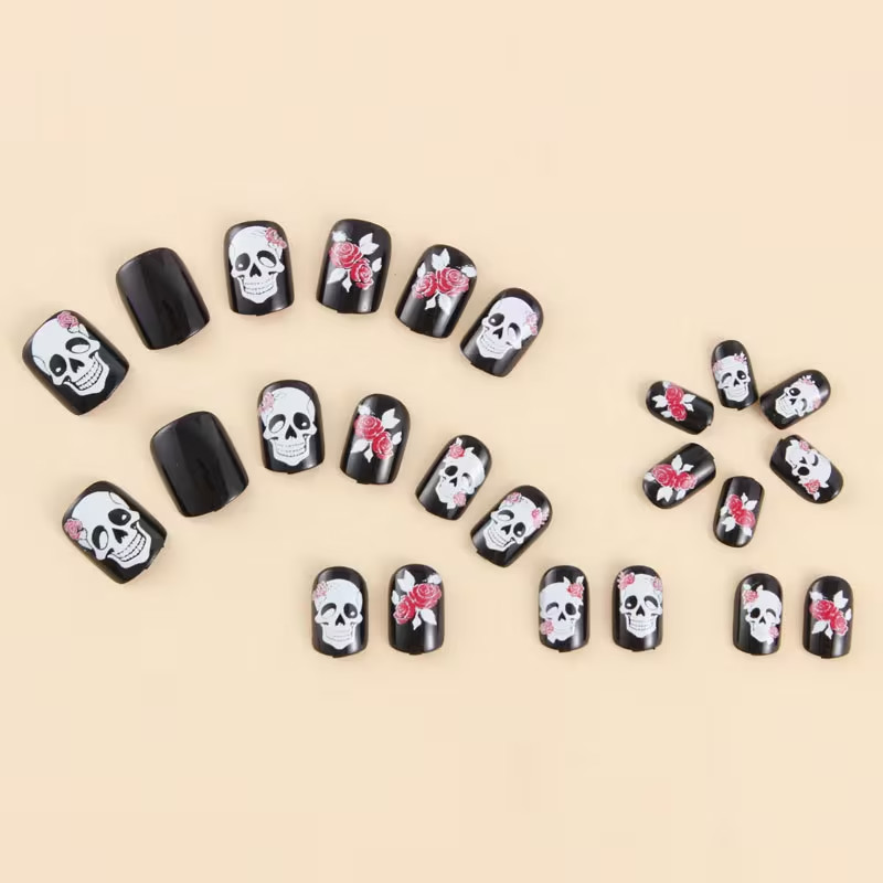 24pcs Halloween Medium Square Press-On Nails, Glossy Black & Skull & Red Rose