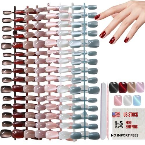 Cat Eye Press on Nails – 7 Colors – Short Square – Mix Colors