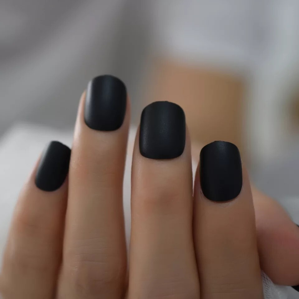 24 Short Black Matte Press on nails kit glue goth alt emo edgy punk