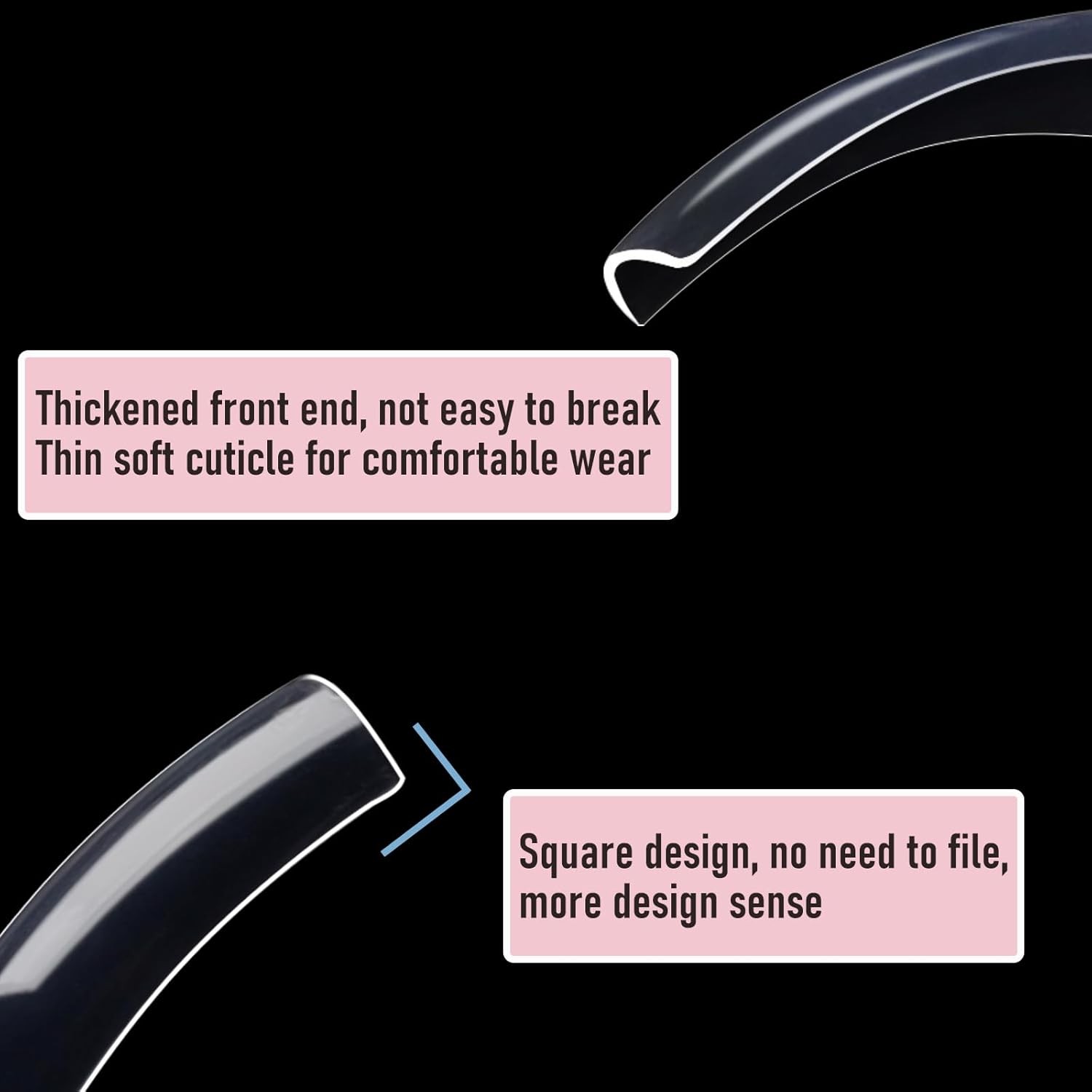 Curved Square Nail Tips Press on Full Cover Nails, Extra Long, Clear