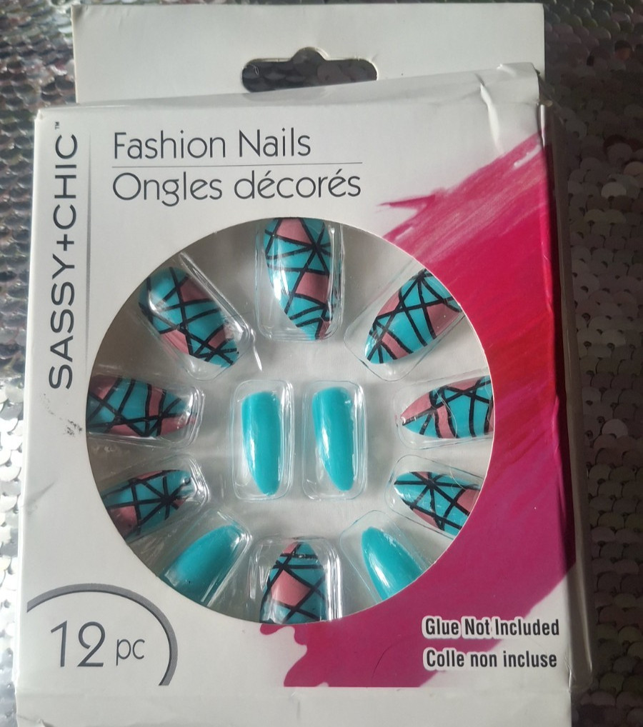 Sassy Chic Press On Nails 12pc Teal Pink Design False Nails Glue Not Included