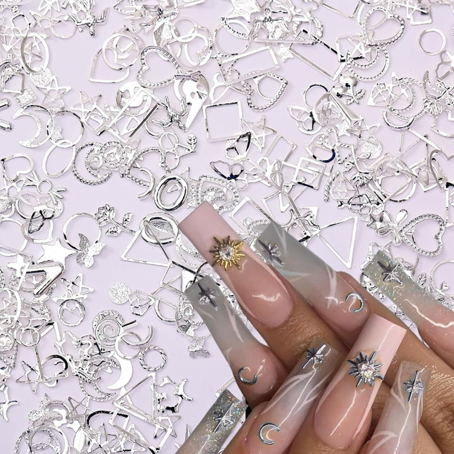 900Pcs Silver Nail Charms Alloy Star Nail Rhinestones 3D Nail Art Charms for Nai