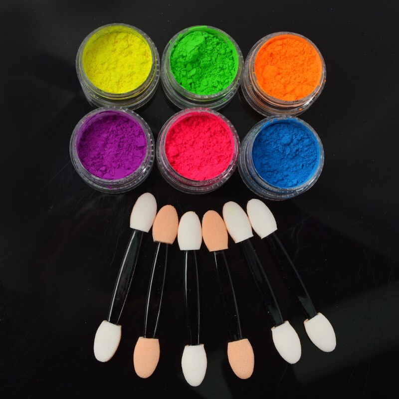 6 Neon Colour Nail Art Pigment Powder Set Dust Ombre Smoky Florescent Face Body