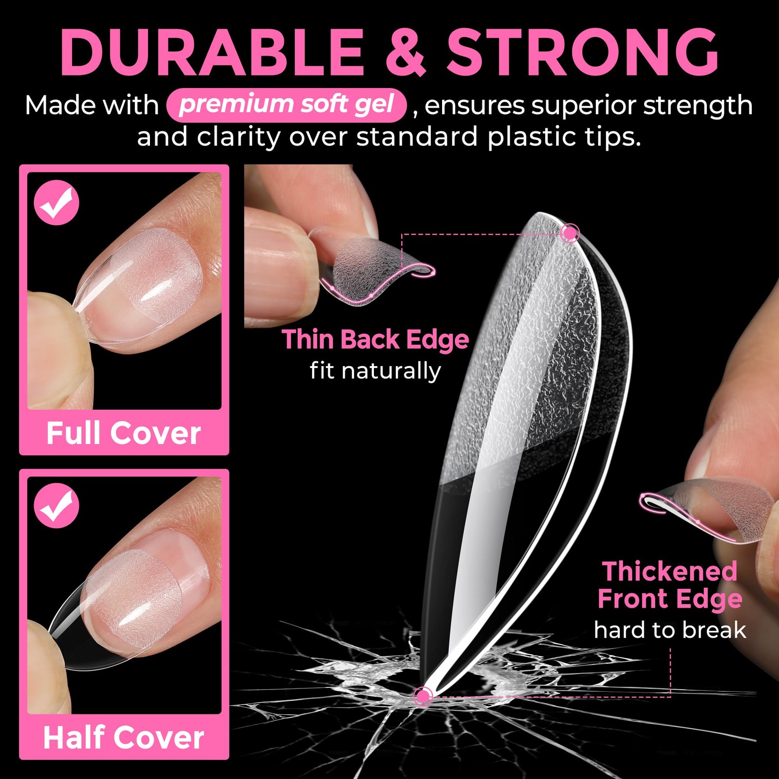 UNA GELLA Extra Short Almond Nail Tips Full Cover 216 Count(Pack of 1), Clear