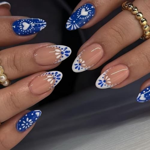 Blue White Totem Press on Nails French Tip Fake Nails Short Almond style20
