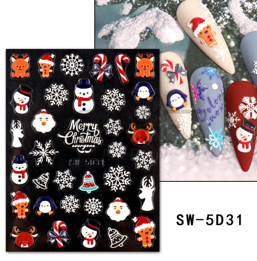 5D Embossed Pink Blue White Christmas Santa Heart Snowflake Nail Stickers Decals