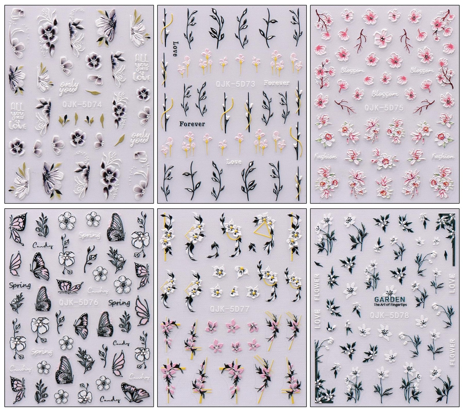 6 Sheets 3D Embossed Spring Flower Nail Art Stickers Decals Self-Adhesive Peg…