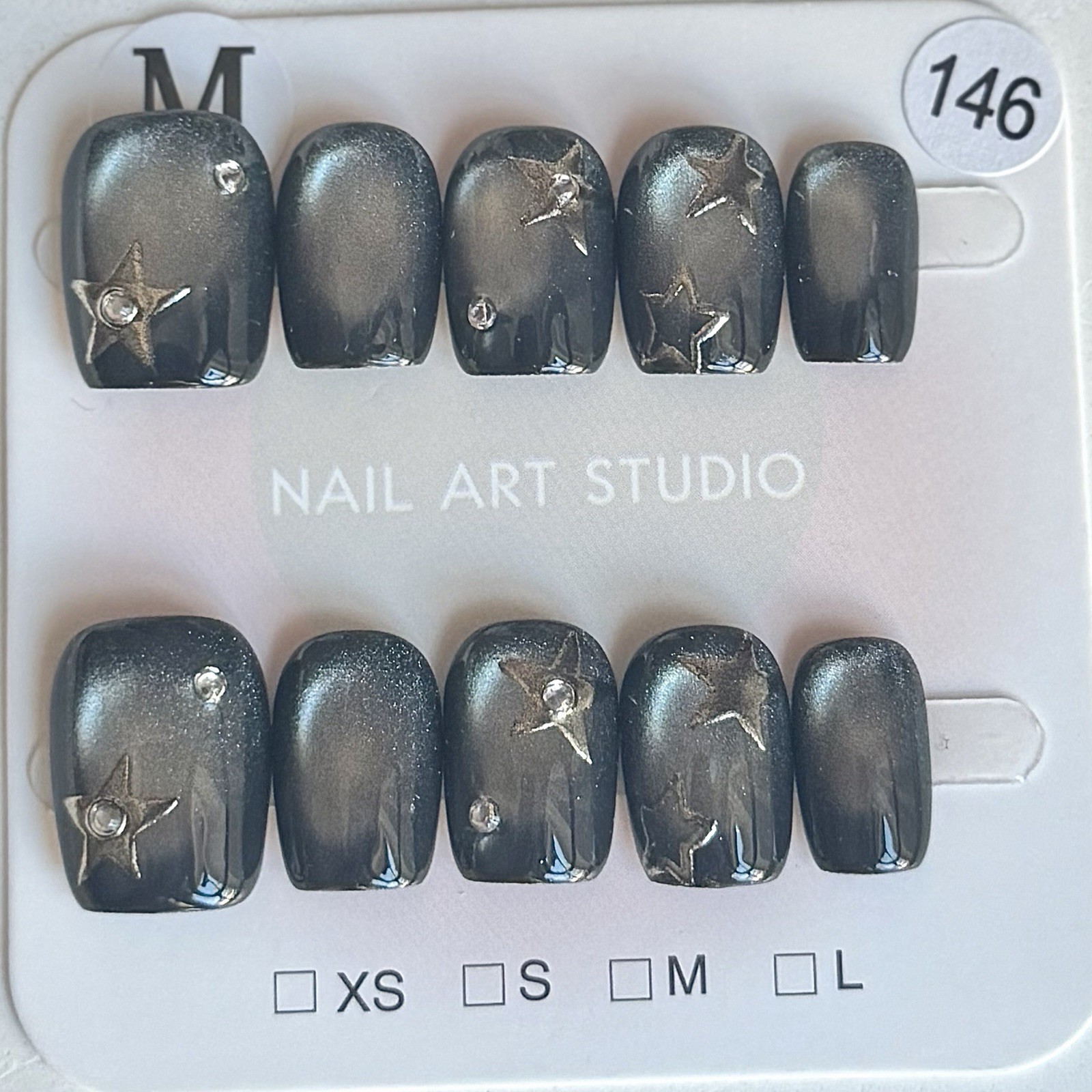 Handmade Black Star Y2K Press-On Nails Short Square Size M Reusable Fake Nails