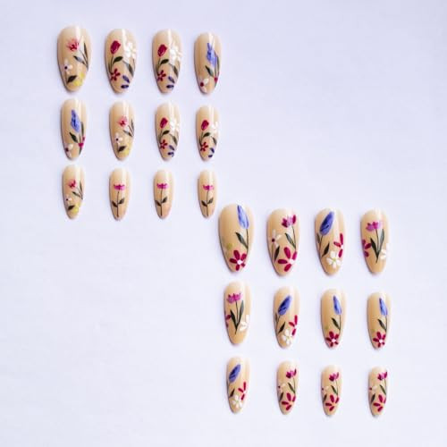 Flower Press on Nails Short Almond SWEKKE Nude Fake Nails False Almond Nails32