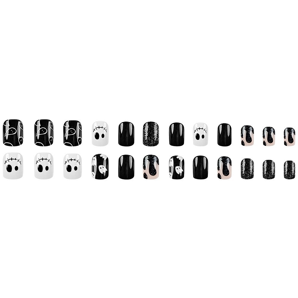 Black&White Cute Halloween Press on Nails Short Fake Nails,24Pcs Almond Nails