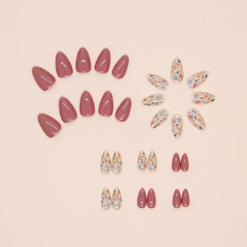 Almond Nails Press on Nails Medium Flower False Nails Colorful Floral Design