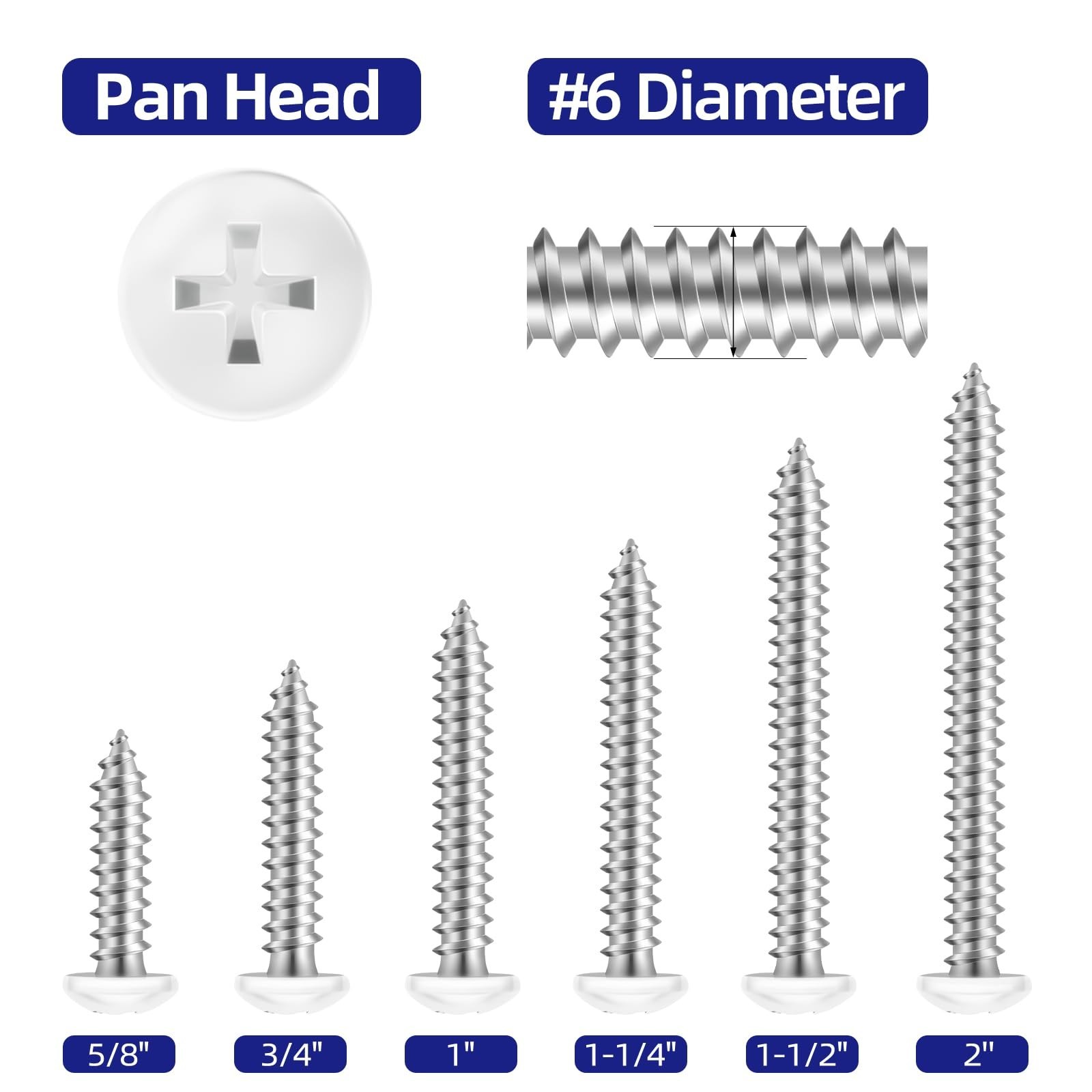 100 PCS #6 x 3/4″ Pan Head Self Tapping Screws, White Head Wood Screw, 304 St…