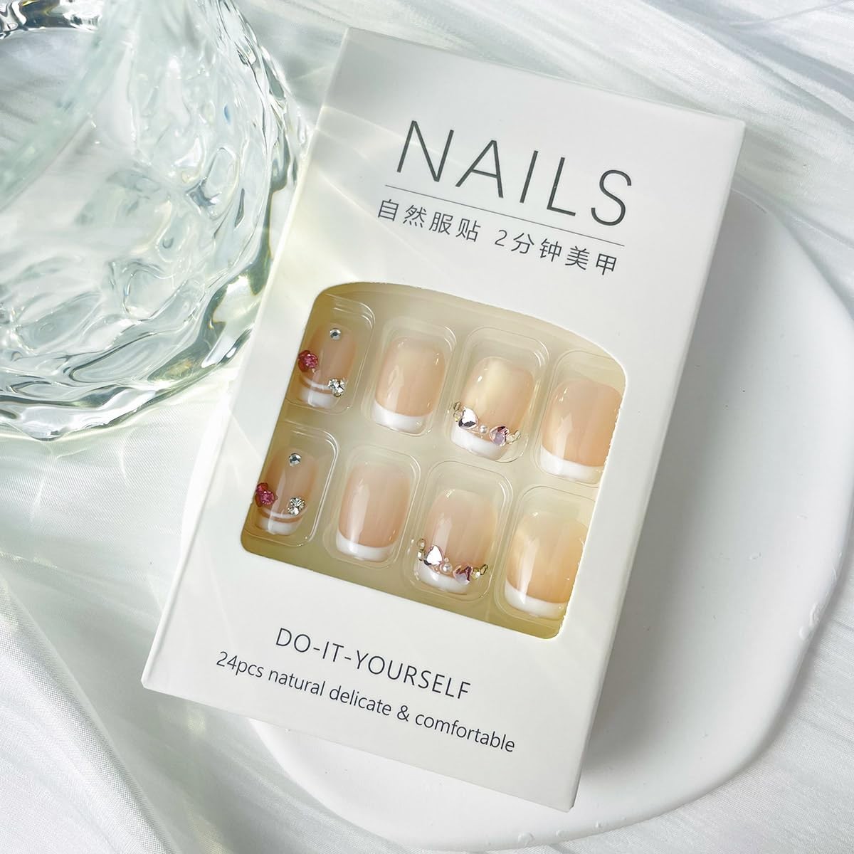 Pink Medium Square Fake Nails Glossy White French Tip Press Nails Reusable St…