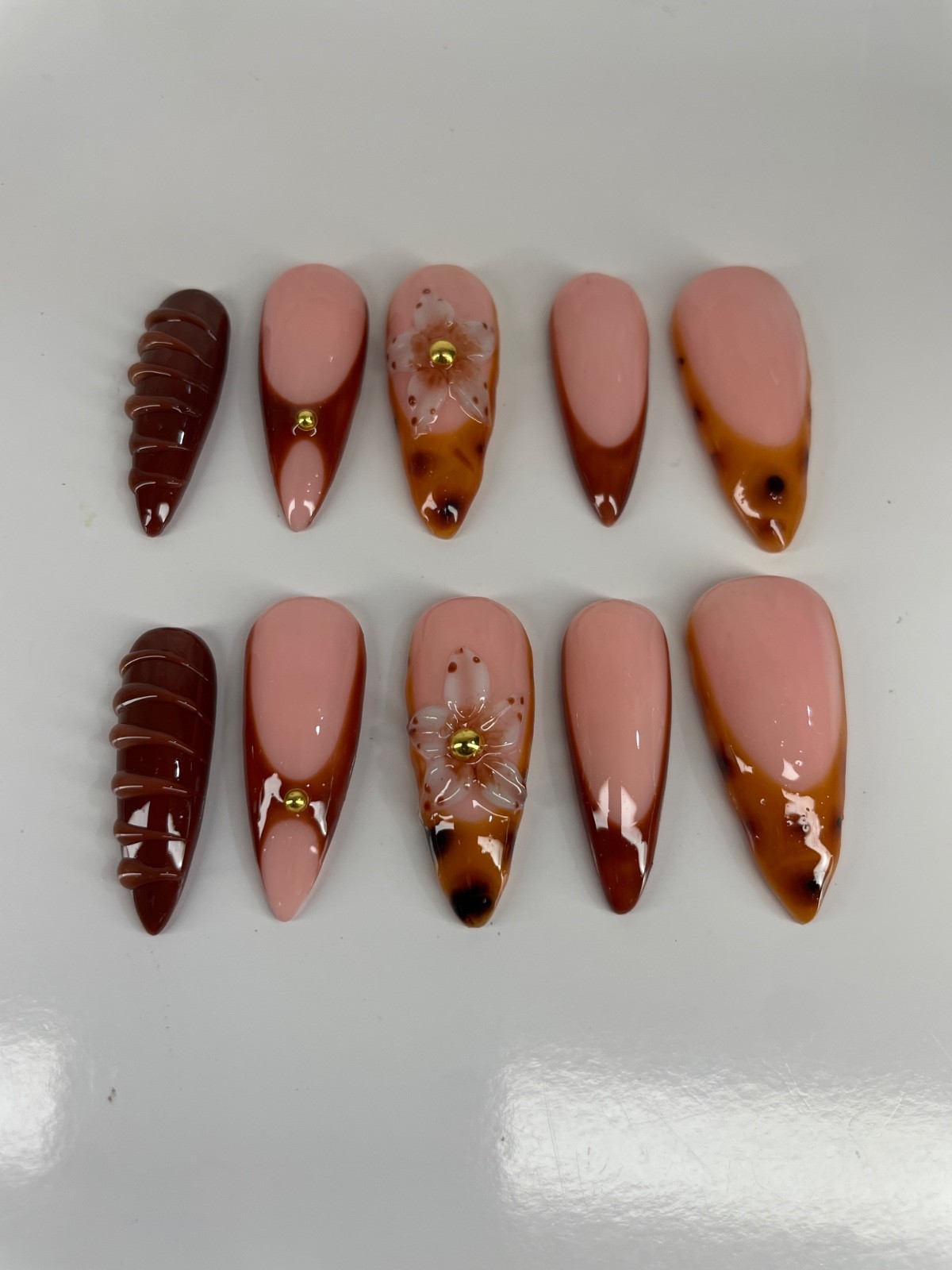 Brown Tortoise Shell Press On Nails | 3D Flower Nail Set | Nude & Brown Handmade