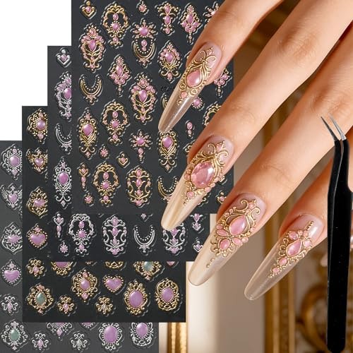 5D Nail Stickers Gold Silver Self-Adhesive Embossed Retro Royal Court Style