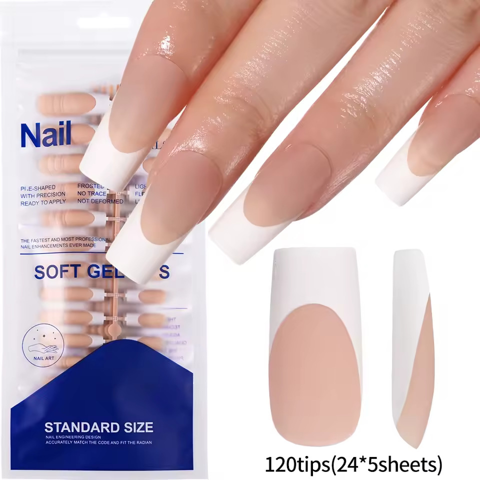 120Pcs Nude French False Nails Soft Gel Tips Press on Nails White Edge Design