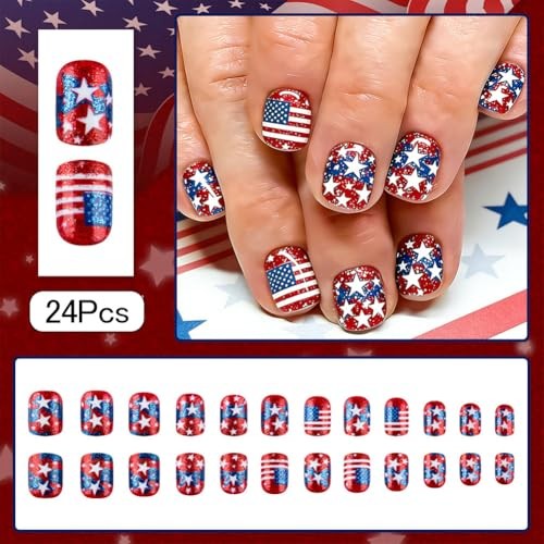 Red American Press On Nails – 4th of July Short Fake Nail