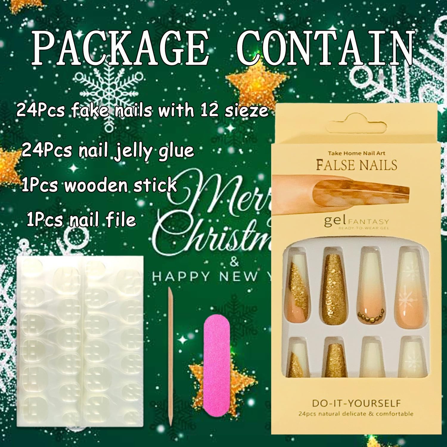 24Pcs Christmas Press on Nails with Snowflake and Rhinestone Designs Glitter …