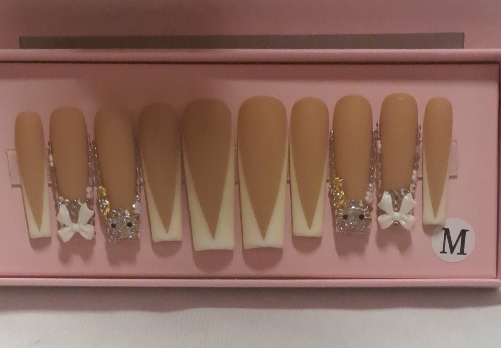 Handmade Hello Kitty Press On Nail Stiletto Nude French Tip Bling Rhinestone Bow