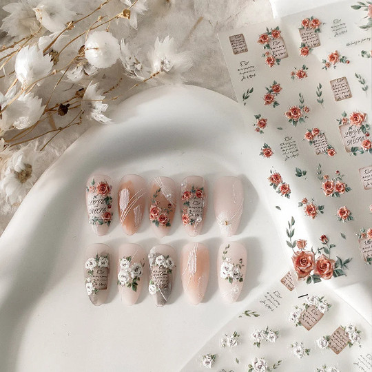 5D Red Rose Nail Art Stickers, Flowers Nails Decals, White Rose Nail Sticker(88)