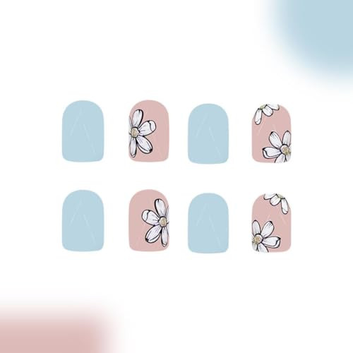 Light Blue Press on Nails Short Square Fake Nails with White Flower Design