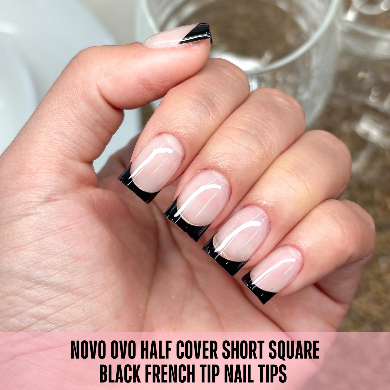 NOVO OVO Black French Tip Nail Tips Short Square 224 Pcs