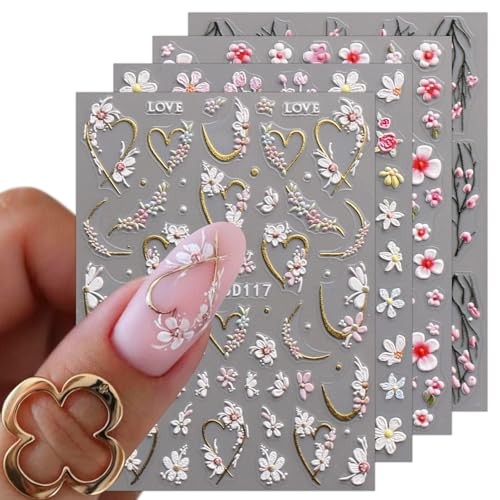 3D Embossed Flower Nail Art Stickers Decals Self-Adhesive 5D Spring Summer