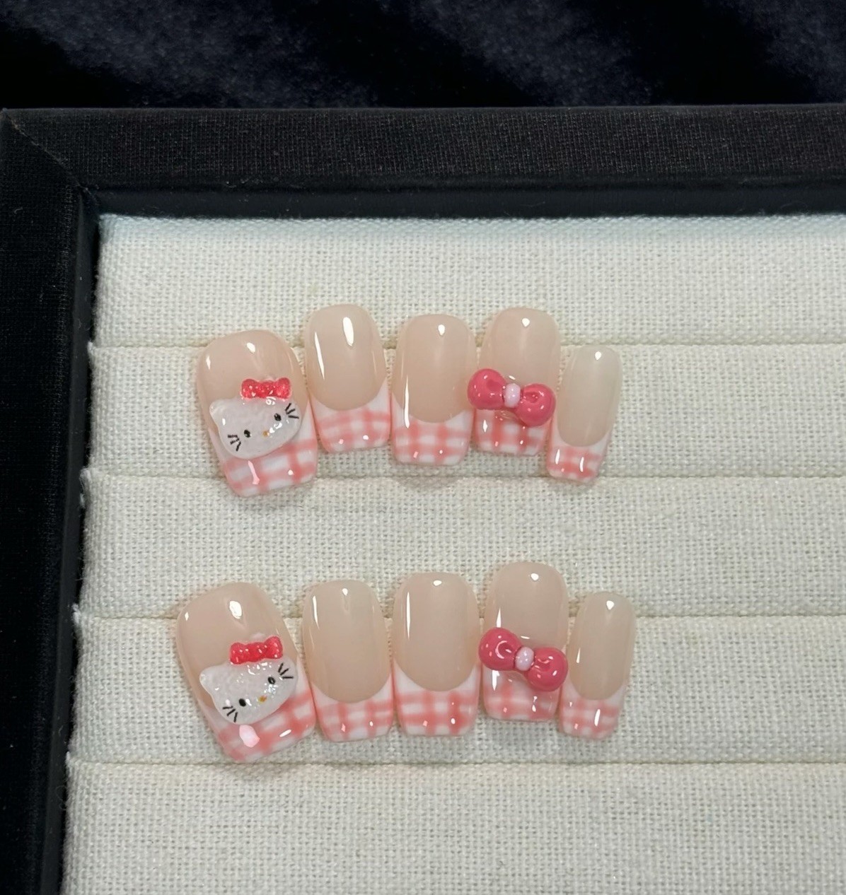 Pink French Tip Press on Nails Handmade 3D Charms Nails With Hello Kitty
