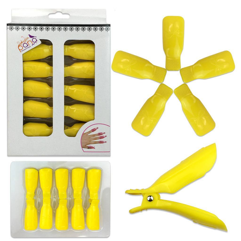 1pk Bow Ribbon Style Yellow Acrylic Nail Soak Off Finger Cap Clips Wrap Tool