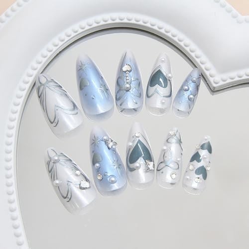 24Pcs Ombre Blue Press on Nails Medium Almond Fake Nails 3D Star Fake Nails-1
