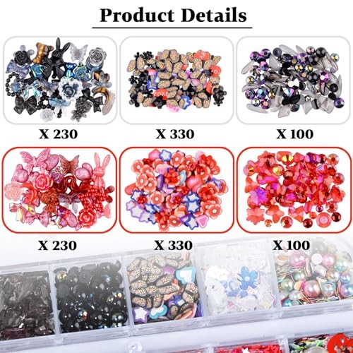 1400 Pieces 3D Butterfly Rose Flower Bow Rabbit Bear Nail Charms Kit Black Red