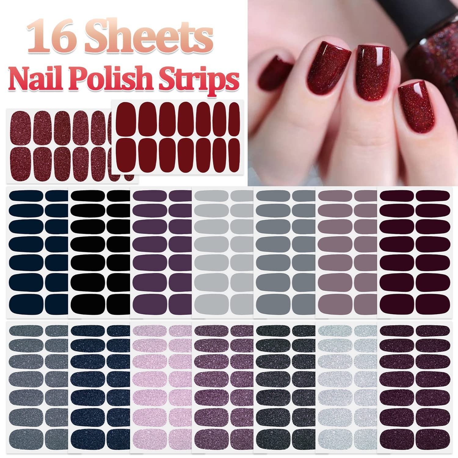 16 Sheets Nail Polish Stickers Full Nail Wraps Solid Color Self Adhesive Nail…